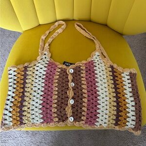 ZARA Crochet Stripped Knit Crop Top Women's XS-S Bohemian Hippie Festival
